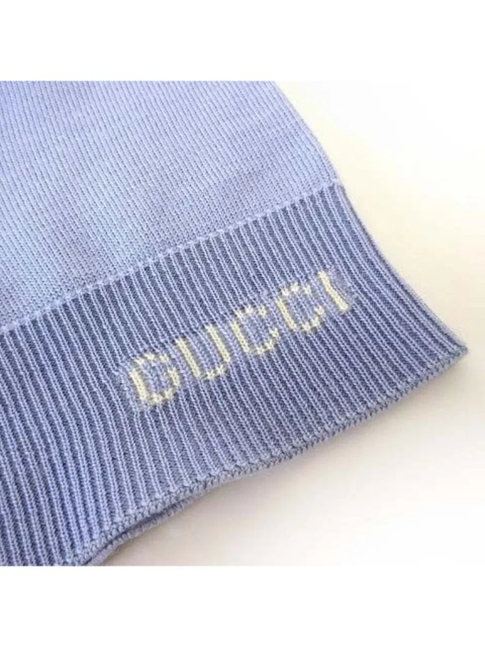 Gucci Embroidery Fine Wool Knit Sweater Short Sleeve Logo Ribbon Light Blue